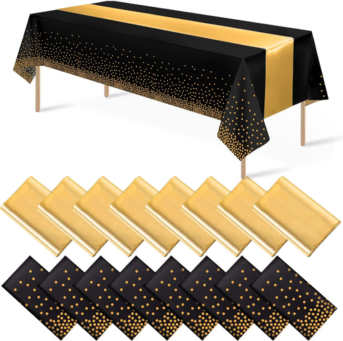 16Pack Disposable Plastic Tablecloths and Satin Table Runner Set Black Gold Dot  - Bild 12 von 12