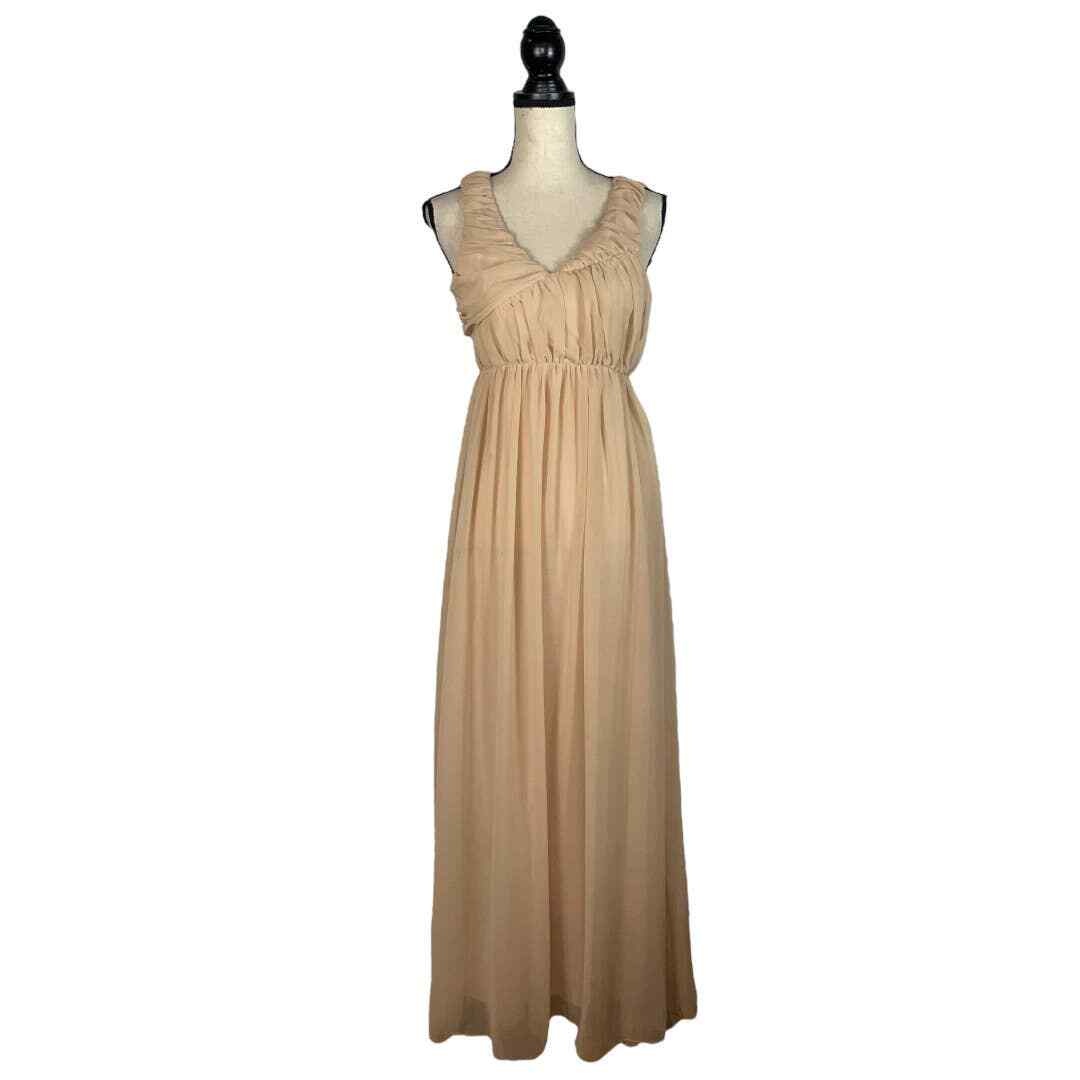 NWT YA Los Angeles Beige Tan Chiffon Ruched Maxi Dress Size: S NWT YA Los Angeles Beige Tan Chiffon Ruched Maxi Dress Size: S