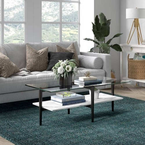 Meyer and Cross Coffee Tables 47" Rectangle Glass Top w/ Shelf Blackened Bronze - Picture 6 of 6