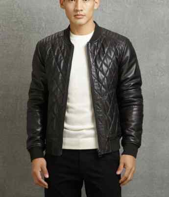 Men New Stylish Black Quilted Leather Jacket Lambskin Bomber Jacket