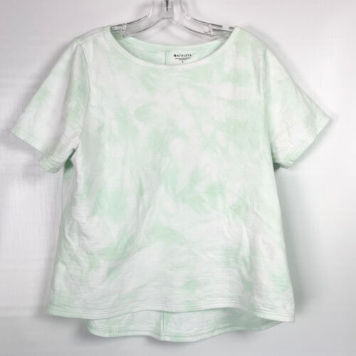 Athleta Womens Large Top Sundown Boatneck Short Sleeve Shirt Light Green Tie Dye