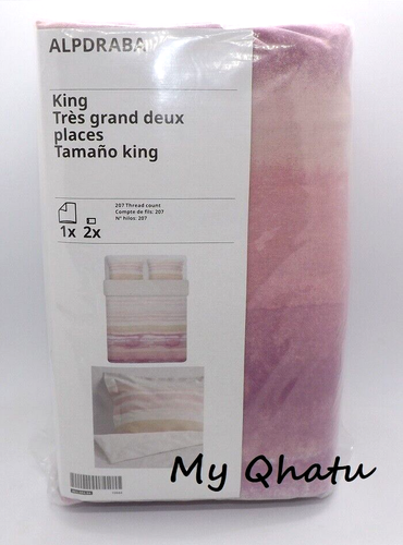 Ikea ALPDRABA King Duvet cover and 2 pillowcase pink, stripe - Bed Set NEW - Picture 2 of 7
