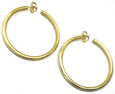 925 STERLING SILVER CIRCLE HOOPS BIG EARRINGS, 6 cm x 4 mm, YELLOW, SATIN FINISH
