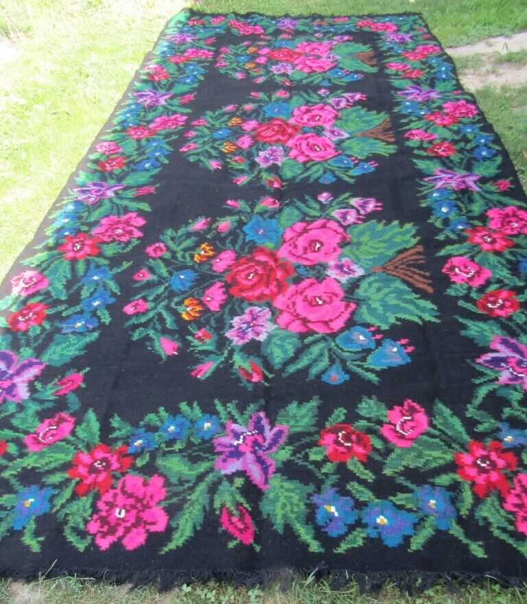 Romanian Bessarabian Moldavian large carpet rug, flat weave floral  wool rug