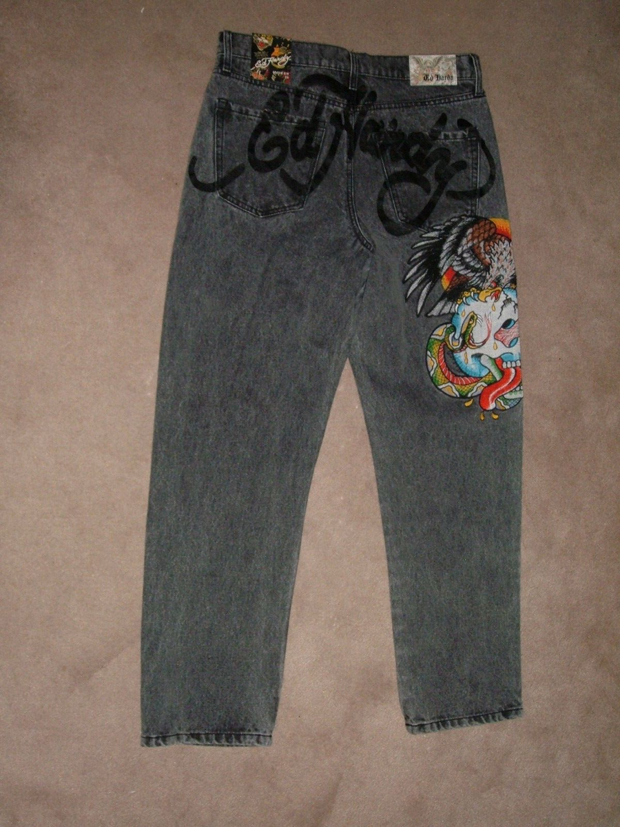 Ed Hardy Men's Loose Fit Embroidered Eagle Snake Skull Jeans Sz 32