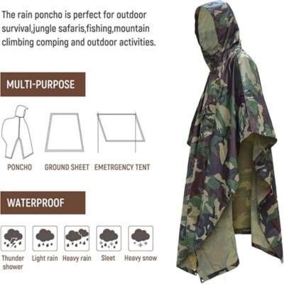 Military Tactical Poncho - Waterproof & Multipurpose, Use As Rain Poncho, Shelter, Or Tarp