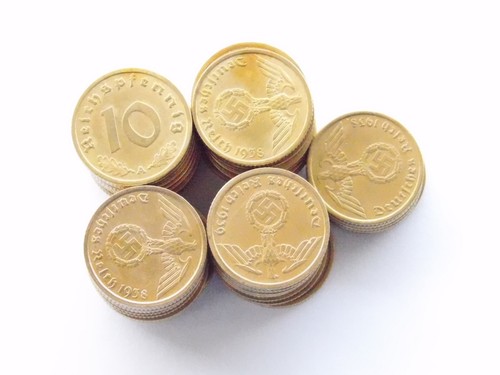 Lot GERMAN 45x 10 REICHSPFENNIG Coins 1937 - 1939 Brass SWASTIKA 3RD WW2 Pfennig - Picture 2 of 17