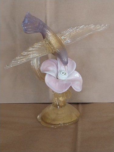 Vtg Salviati Murano Glass Gold Dust Hummingbird Feeding on Flower Figurine 10.5"
