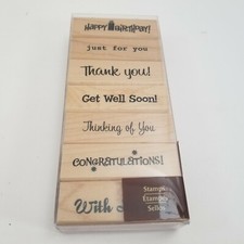 Wood Rubber Stamp Set of 7 Greetings Happy Birthday Hello Congratulations