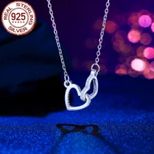 CZ Double Love Heart Dangle Pendant Necklace Romantic 925 Sterling Silver Gift