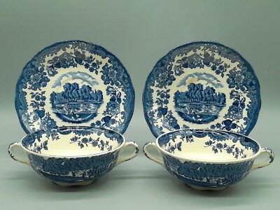 Royal Worcester 1790 Avon Scenes Palissy blau 2 Suppentassen 2 Untertassen