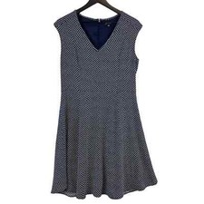 Ann Taylor (10) Fit & Flare Midi Dress Navy Blue Polka Dots V-Neck Cap Sleeve