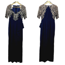 ADRIANNA PAPELL Beaded Sequin 3/4 Sleeve Full Gown Navy Blue Midnight Size 0