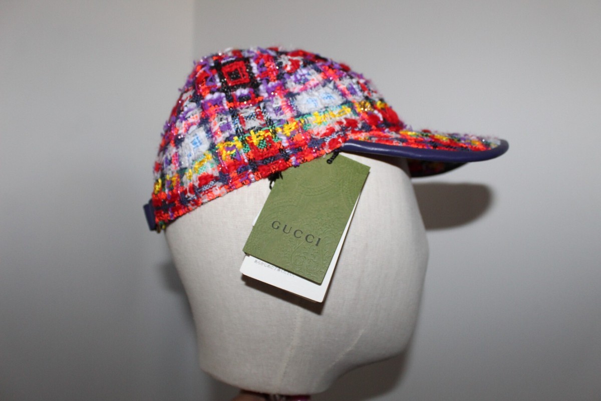NWT GUCCI GG Multi Color Tweed Baseball Hat Cap Leather Trim M 57