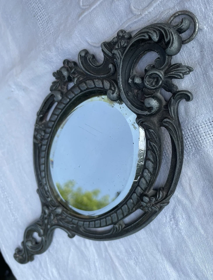 Miroir Face À Main Ancien Métal Lourd Glace Biseautée, Style Art Nouveau - Photo 4/4