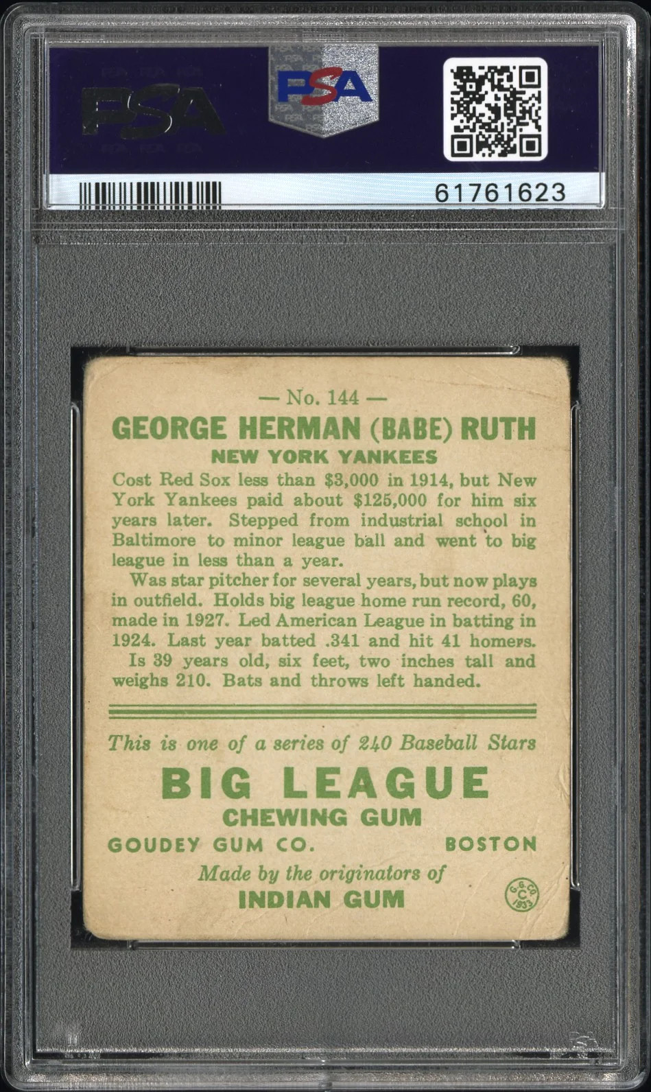 1933 Goudey Babe Ruth #144 PSA 2 view 2
