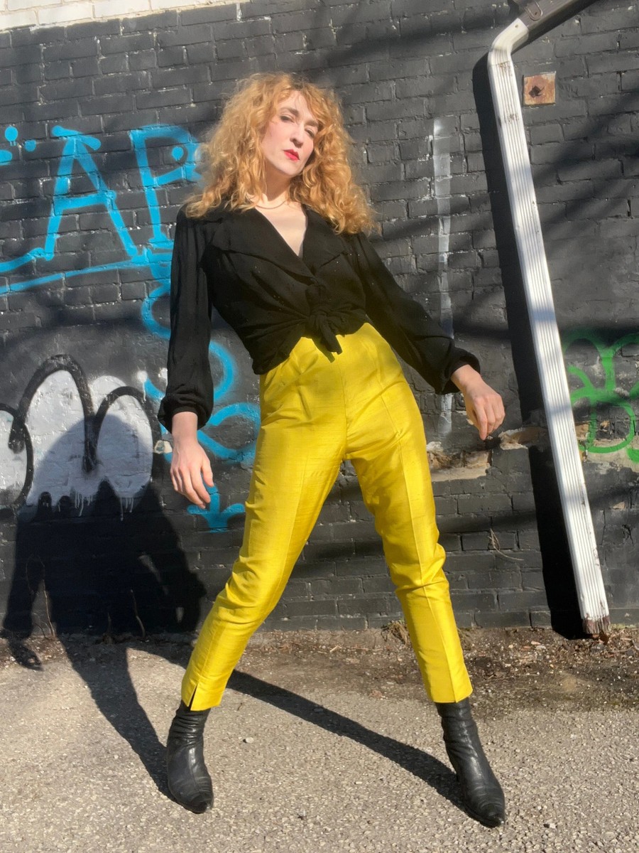 cigarette trousers and boots LEMON YELLOW Vintage 1960s Raw Silk Cigarette Pants High Waist Peddle  Pushers