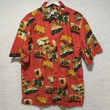 Joe Marlin Men’s Orange Hawaiian Post Card Short Sleeve Button Up Size Large