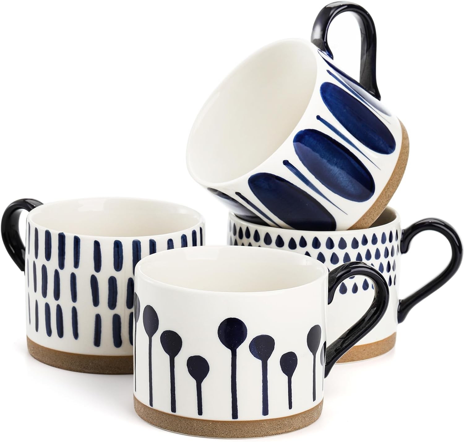Set of 4 Large Ceramic Coffee Mugs, 15 Oz Hand Painted Coffee Cups with Handles,