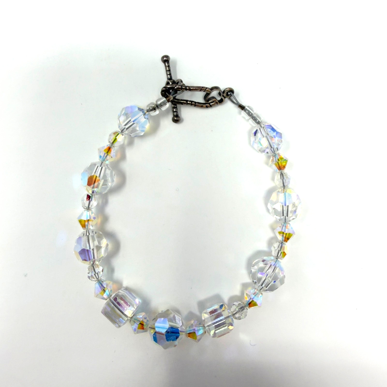 Clear Aurora Crystal Beaded Bracelet Toggle Clasp Faceted Glass 8 Inch