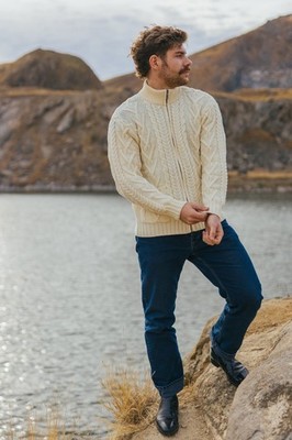 SAOL Aran Knitted Cardigan Sweater Men's 100% Merino Wool Cable Knit Jacket