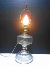 Vintage Clear Glass Electrified Oil Lamp with Wedding Scroll Base and Shade Harp