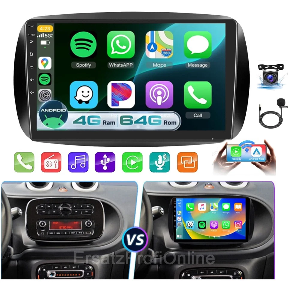 Autoradio 4GB+64GB Android 14 Carplay GPS Navi Für Smart Forfour Fortwo 453 - Bild 3 von 4