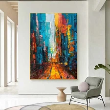 Blue Hand Painted Oil Painting On Canvas Abstract City 3D Colorful Modern