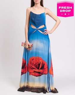 RRP€2190 PACO RABANNE Crepe Flare Gown FR36 US4 UK8 S Roses Print Draped Cutout