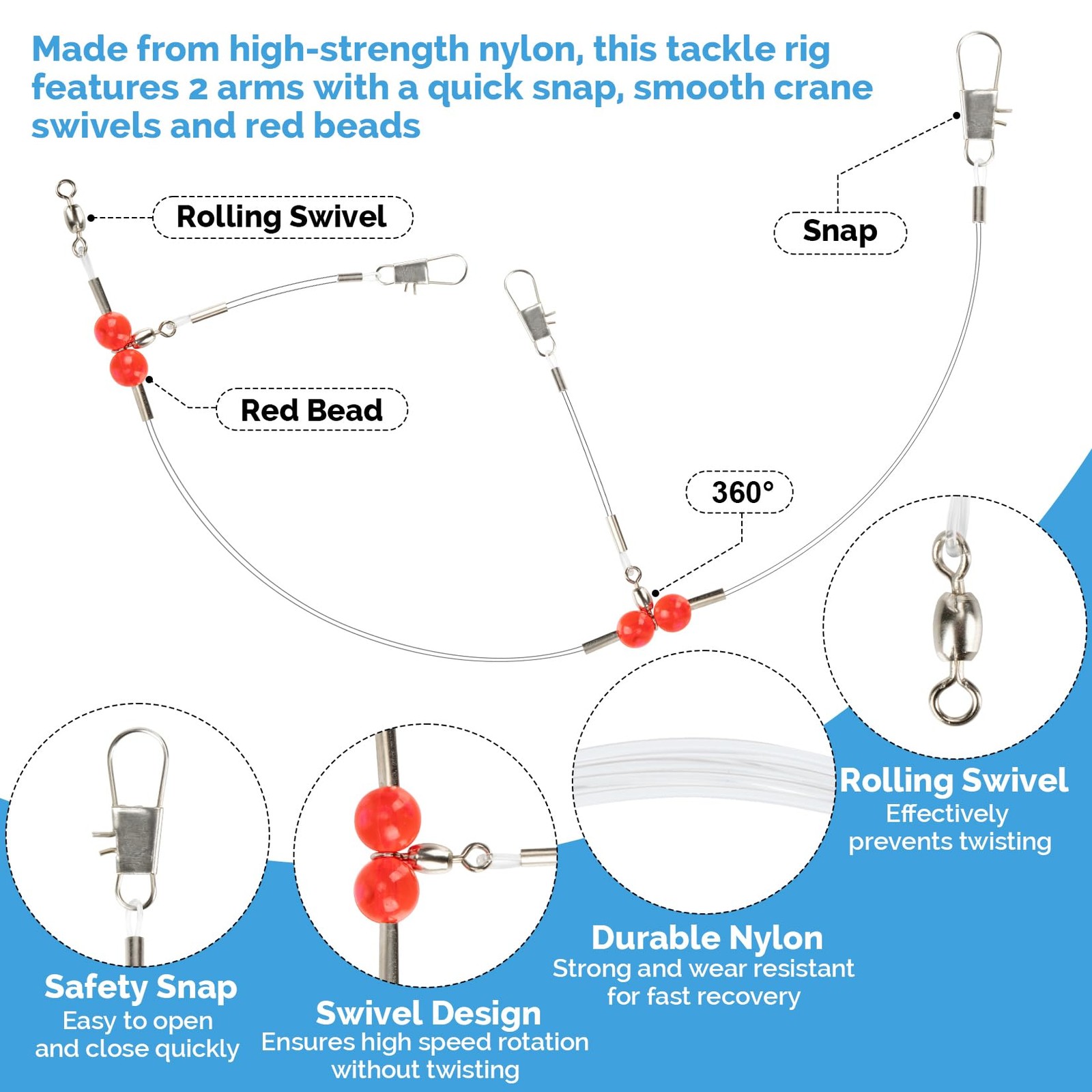 RAINFLOW 6 Pcs 2-Arm Fishing Leaders with Swivels - Stainless Steel & Nylon W...