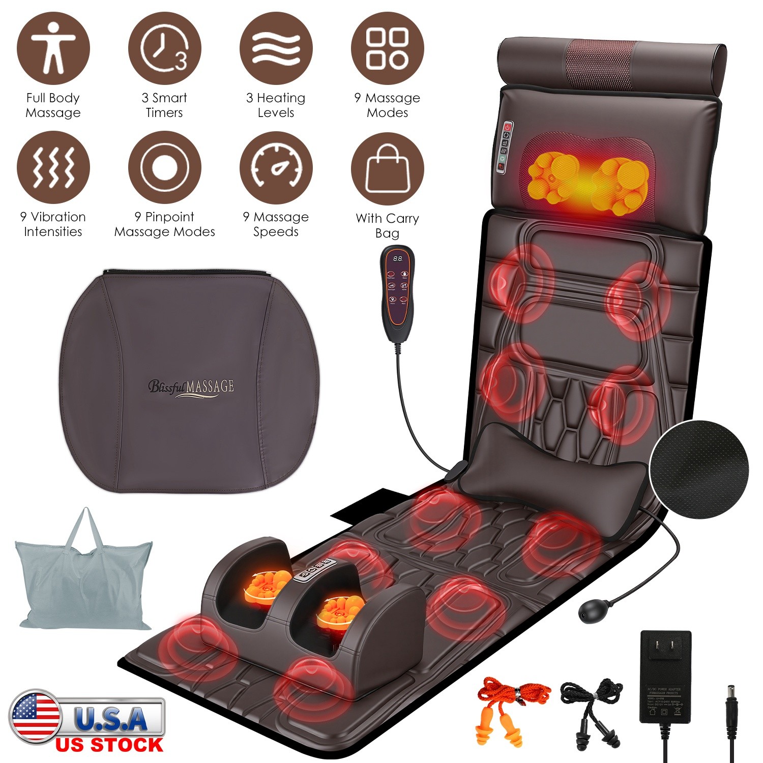 Electric Full Body Massage Mat Heated Neck Back Massage Pad Cushion Women Men