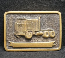 WE11127 VINTAGE 1970s SEMI-TRUCK 18-WHEELER ARTWORK SOLID BRASS BELT BUCKLE