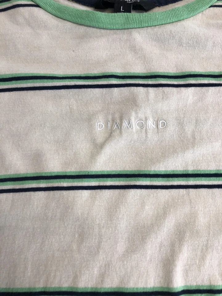 Camisa Diamond Supply Co Para Hombre Grande Verde Crema Rayas Bordado Logo Algodón Foto 2 de 4