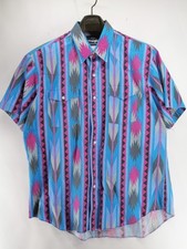 Vtg 90s Wrangler Cowboy Cut Pearl Snap Shirt Men XL Blue Pink Aztec Short Sleeve