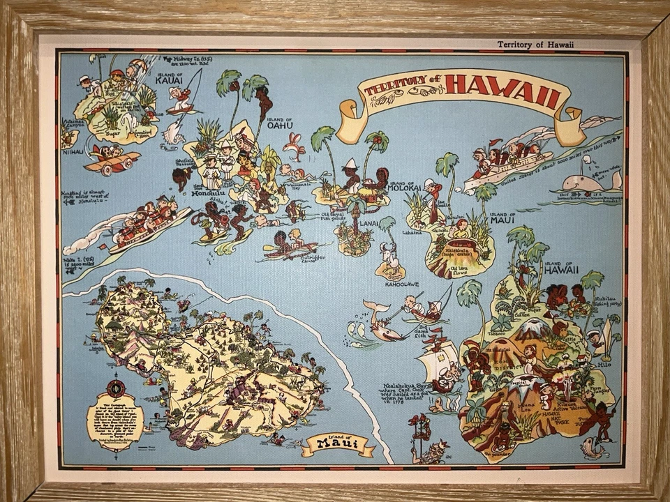 Vintage 1931-35 “Territory Of Hawaii” Illustrated Map (Framed 15.25x19.25) - Imagem 2 de 3