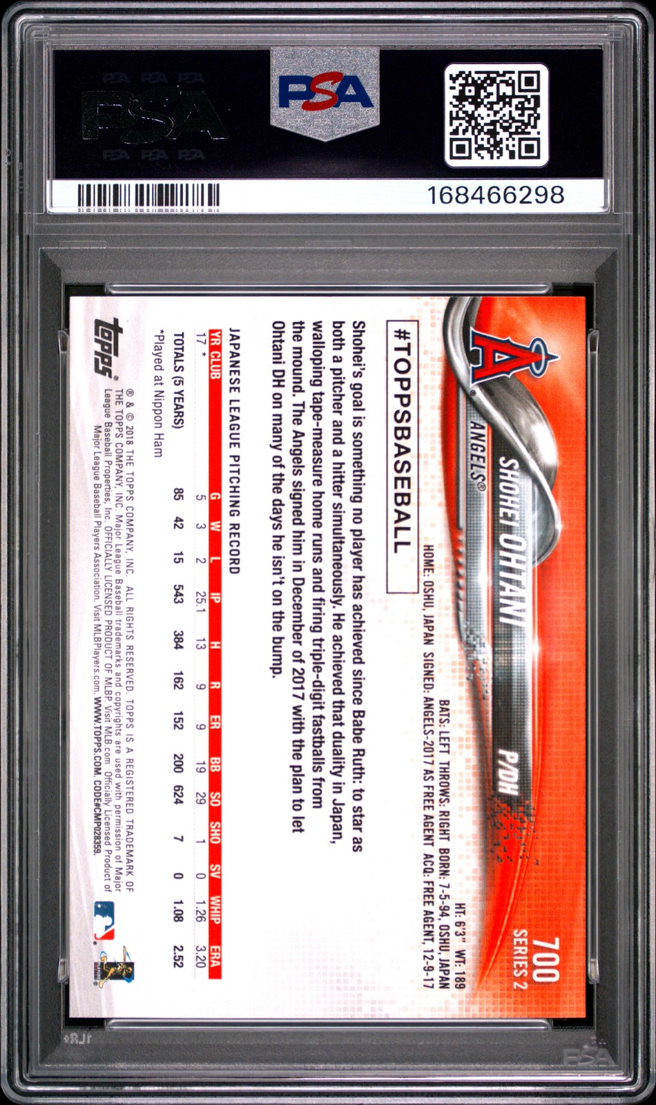 2018 TOPPS #700 SHOHEI OHTANI ROOKIE RC PSA 10 view 2