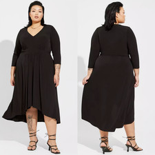 Torrid 2 Black Tea Length Studio Knit Deep V Hi-Lo Dress 2X 18 20