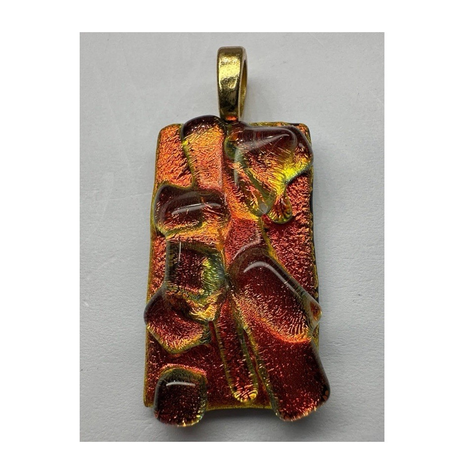 Handcrafted Glass Pendant Red Gold Rectangle Art Charm Unisex