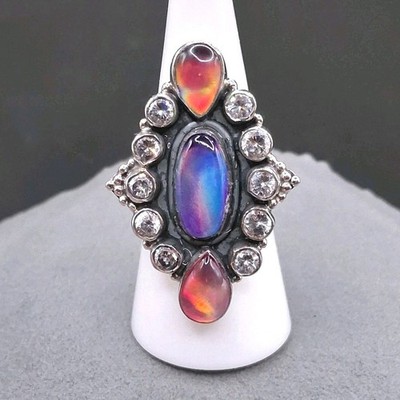 Sterling Silver Aurora Opal CZ Cluster Ring Size 5-9 Southwestern Style 