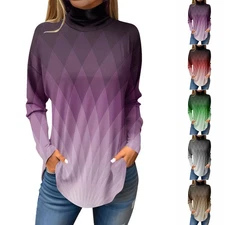 Womens Long Sleeve Tops Casual High Neck Shirts Geometric Pattern Blouses Tee
