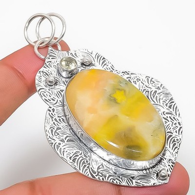 Bumble Bee Jasper, Citrine Gemstone 925 Sterling Silver Jewelry Pendant 2.76''