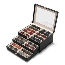 Slot Sunglasses Organizer Display Case, 3-Tier PU Leather Velvet Storage Box