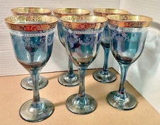 Vintage Blue Iridescent Wine Goblets 8” Gold Filigree Rim Etched Glass Set of 6