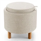 Round Storage Ottoman w/ Tray Accent Fabric Storing Footrest w/ Non-Slip Pads