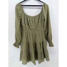 Altar'd State Olive Green Swiss Dot Smocked Mini Dress Long Sleeve Size Medium