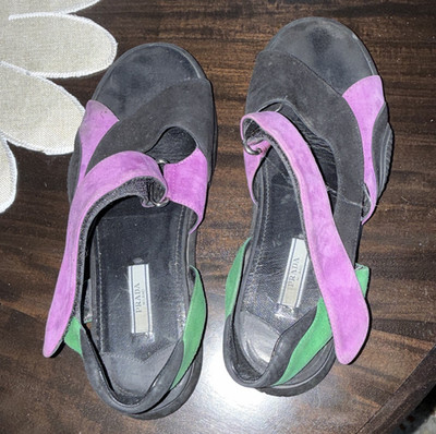 PRADA Suede Colorblock Logo Strappy Wedge Sandals Black Purple Green Sz 9