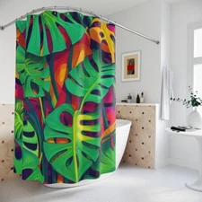 Monstera Deliciosa Polyester Shower Curtain - AI Art, Botanical Shower Curtain