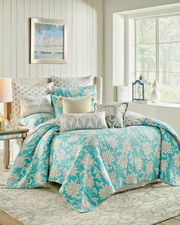 3-Pc Jolie Reversible Full-Queen Quilt Set Aqua Jacobean Floral French Farmhouse