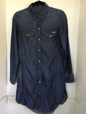 VINTAGE Kenzo Jeans Japanese Shirt Dress S Denim LOGO Button Tab Long Sleeves