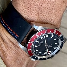 22mm BLACK Crazy Horse Leather Watch Strap Band Dual GMT BLUE  RED Stitch